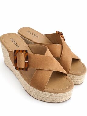Soda Tan Wedge Sandals Women 10 Platform Slip On Buckle Strap Summer